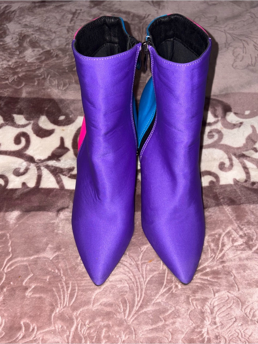Purple Color Block Pointed Toe Ankle Boots - Women's Fashion Booties